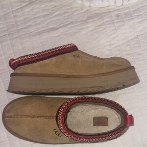 UGG Brown Suede Slippers with Red Accents